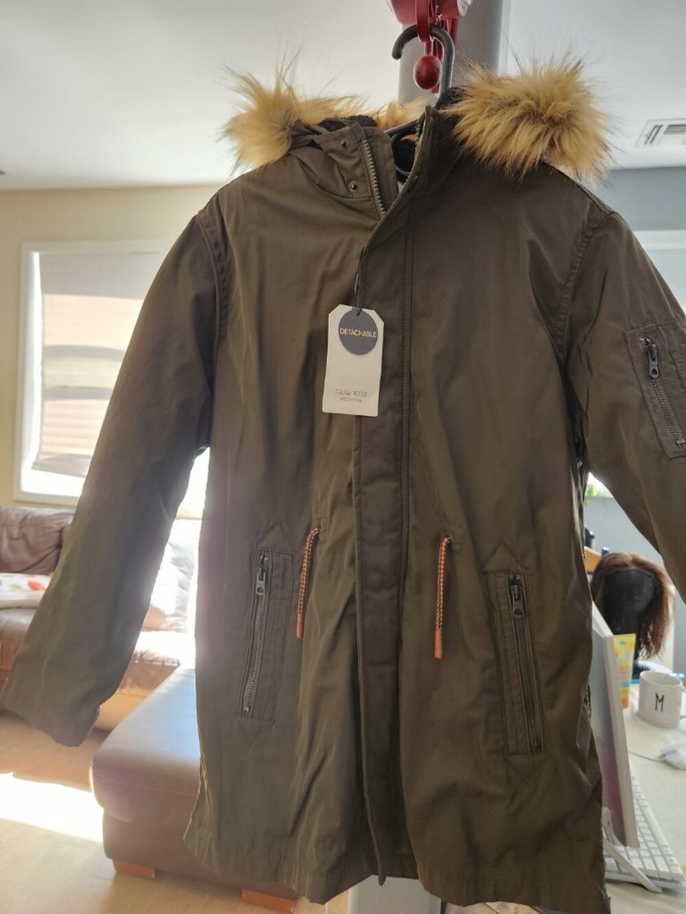 ZARA Kids Boys Khaki Green Water Repellent Fleece Lined Parka Coat Size 10